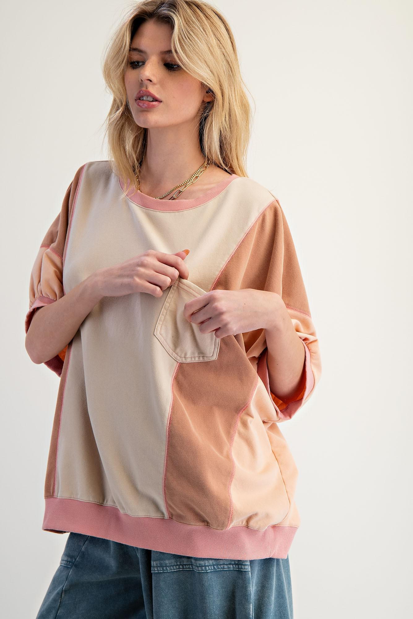 Color Block Mineral Washed Terry Knit Top