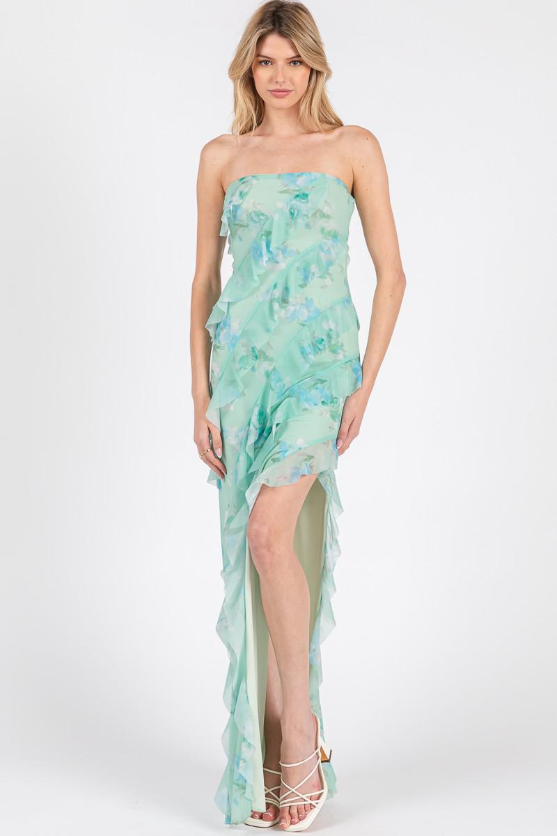 Power Mesh Ruffle Maxi Dress