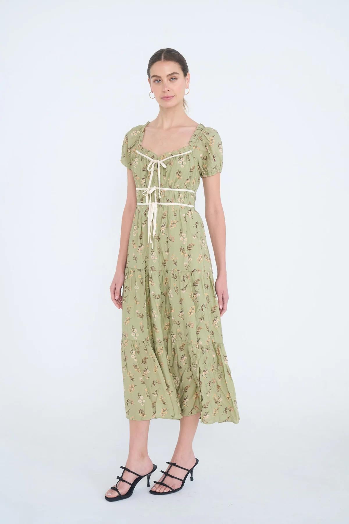 OLIVE FLORAL PRINT RUFFLE TIERED PUFF SLEEVE MIDI DRESS