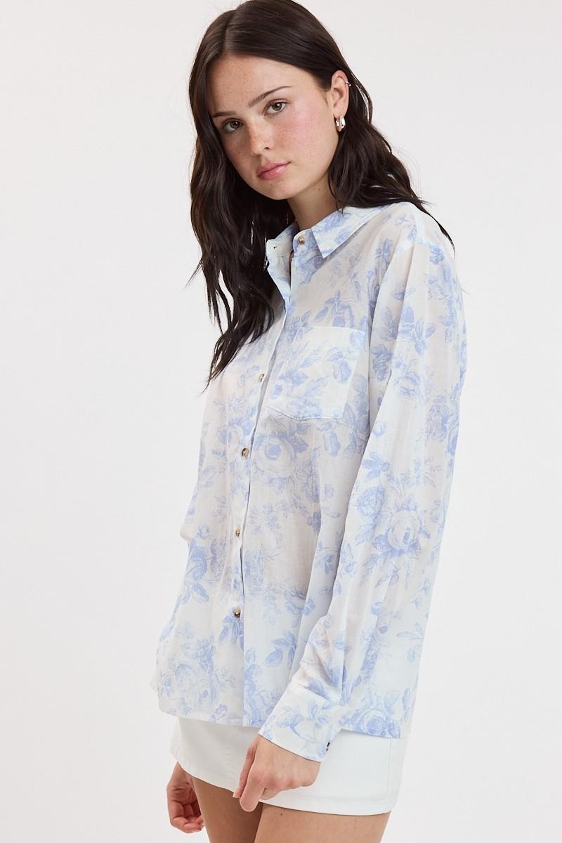 Blue Cotton Floral Front Button Down Blouse