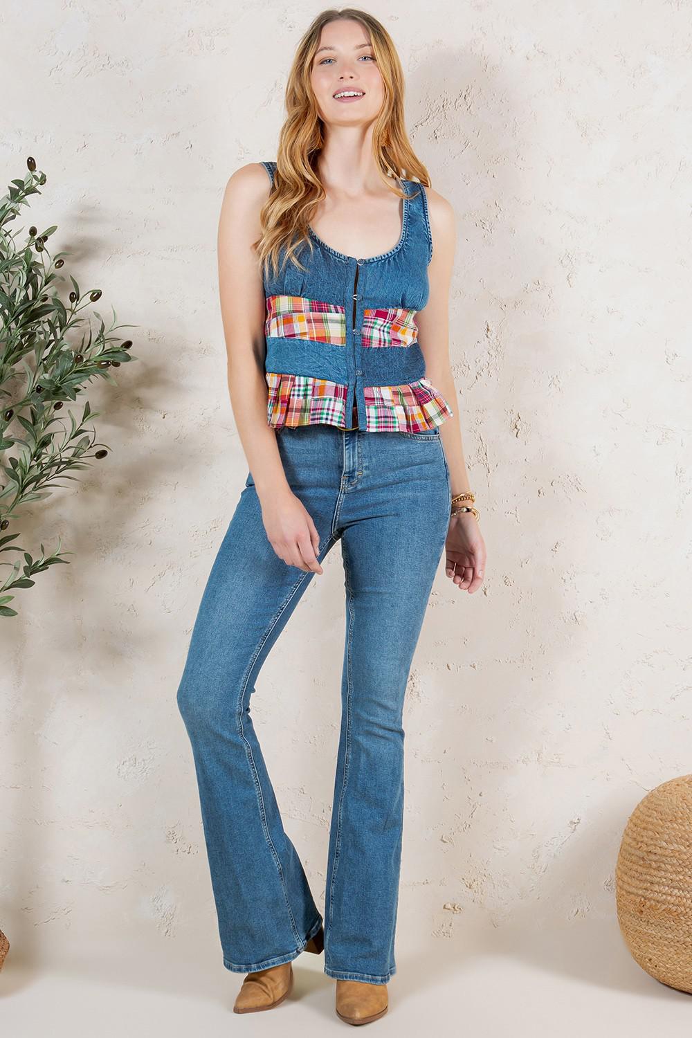 Smocked Tank With Denim Accents And Flair