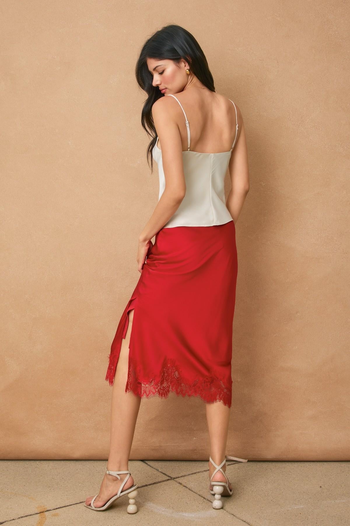 Red Rouge Satin Lace Hem Pencil Skirt