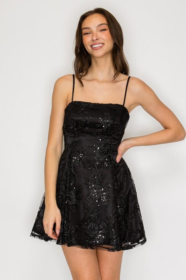 Black Floral Sequin Fit & Flare Mini Dress