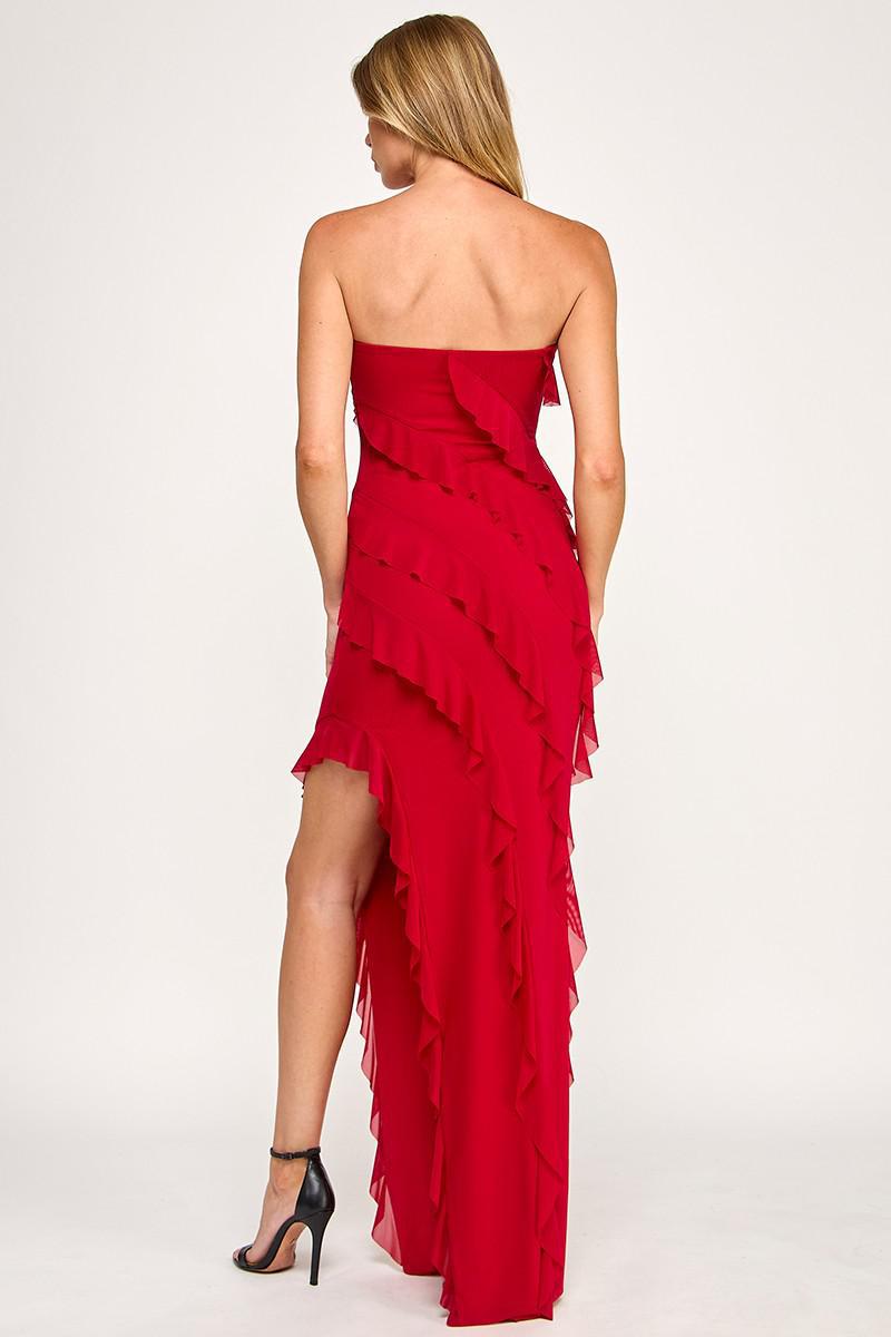 Red Tube Mesh Frilled Slit Side Dress