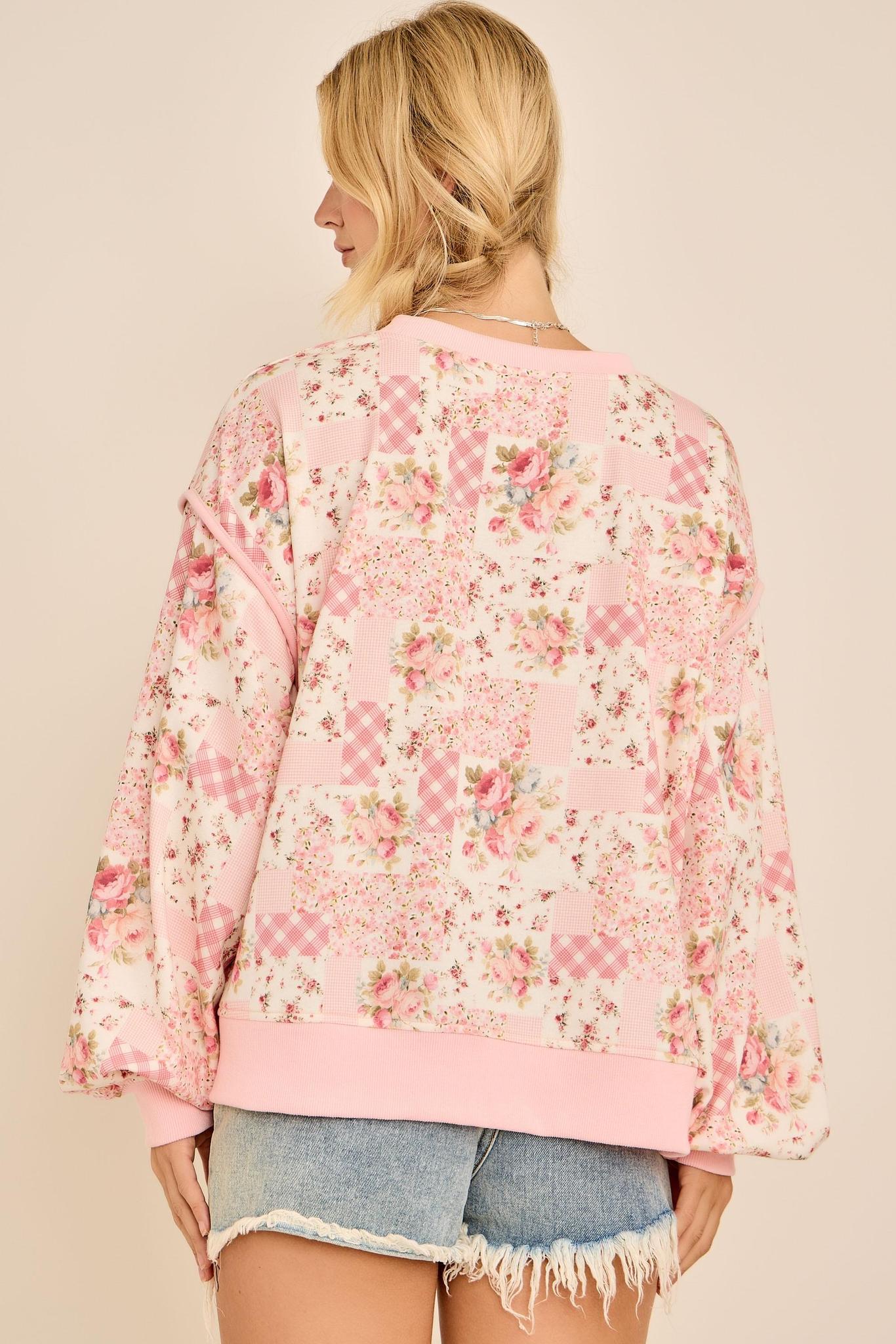 Oversized Patchwork Floral Crewneck Sweatshirt