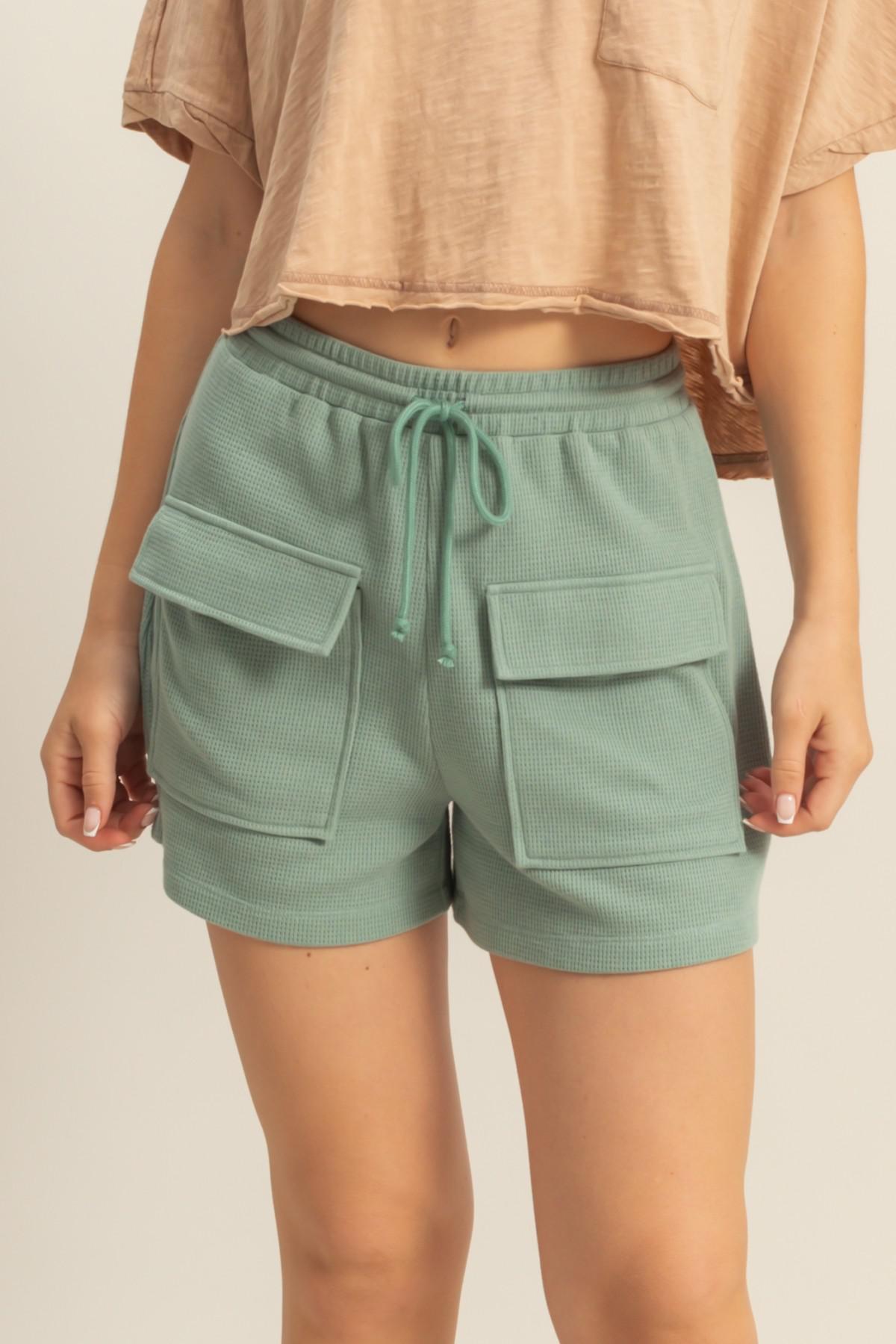 Sage Green Waffle Knit Front Pocket Shorts