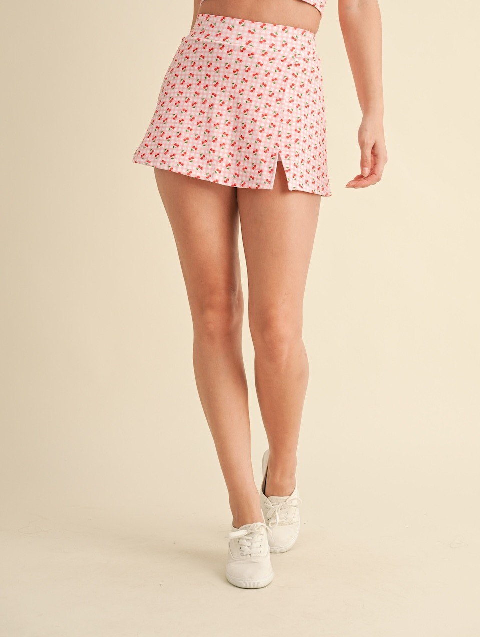 Cherry Gingham print side slit skort