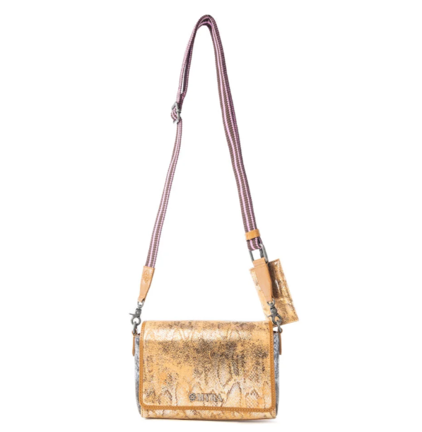 Serpentina Charm Leather Shoulder Bag in Amber Snake Print