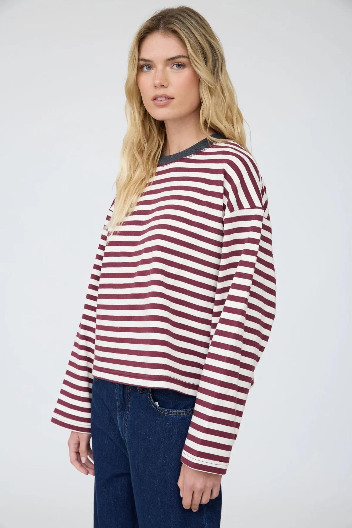 COLOR BLOCK NECK TRIM LONG SLEEVE BOXY KNIT TOP