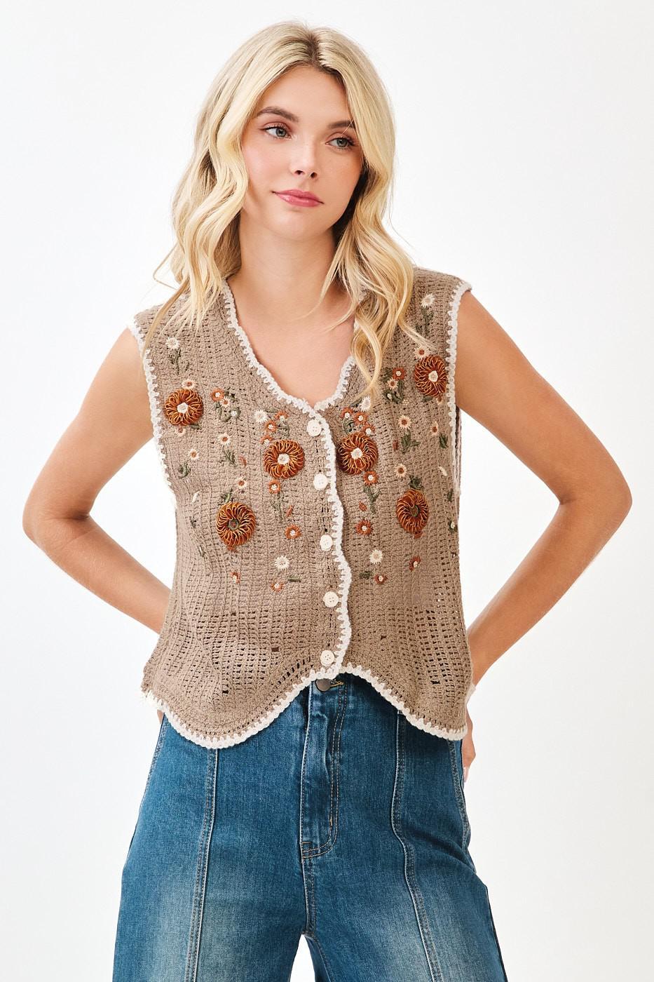 Floral Embroidery Sleeveless Vest Crochet Top