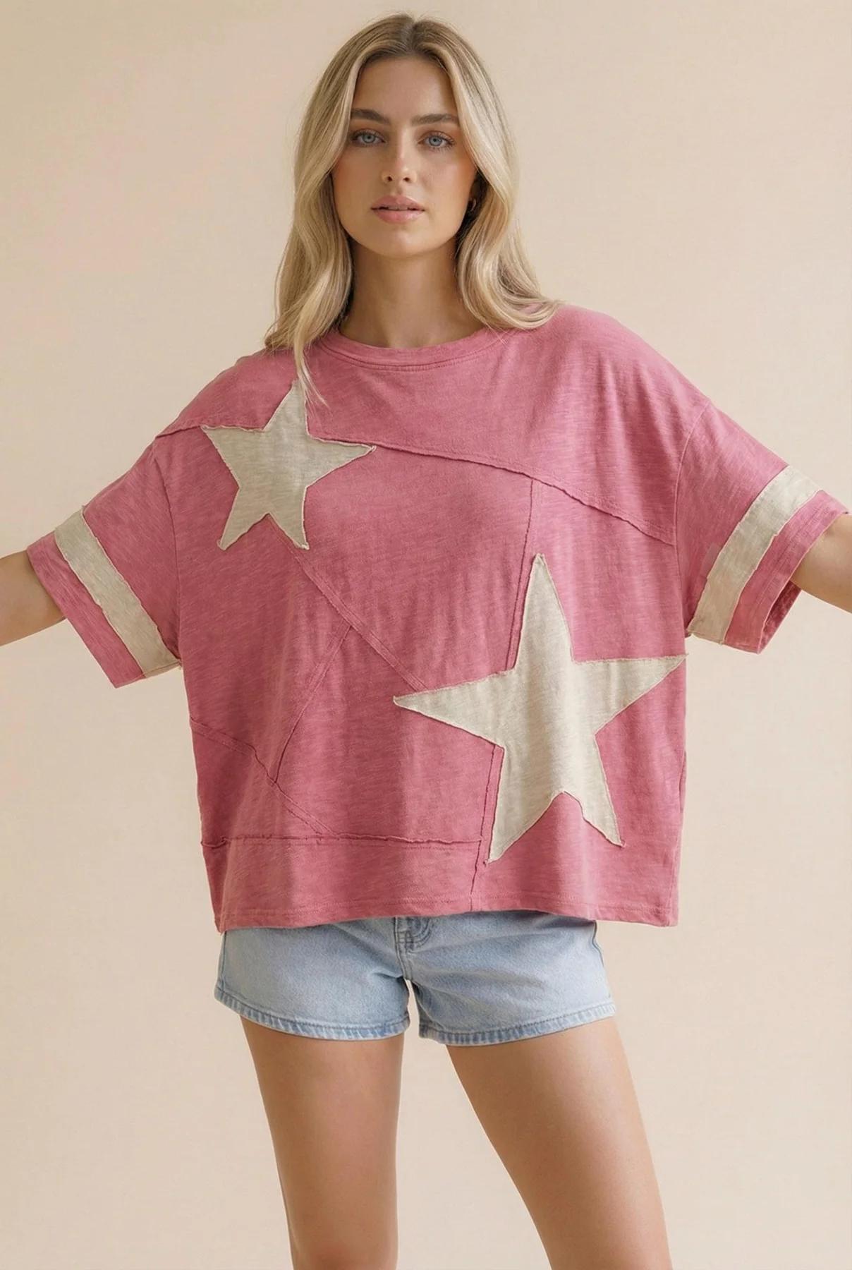 Star Patchwork Cotton Blended Slub Knit Top