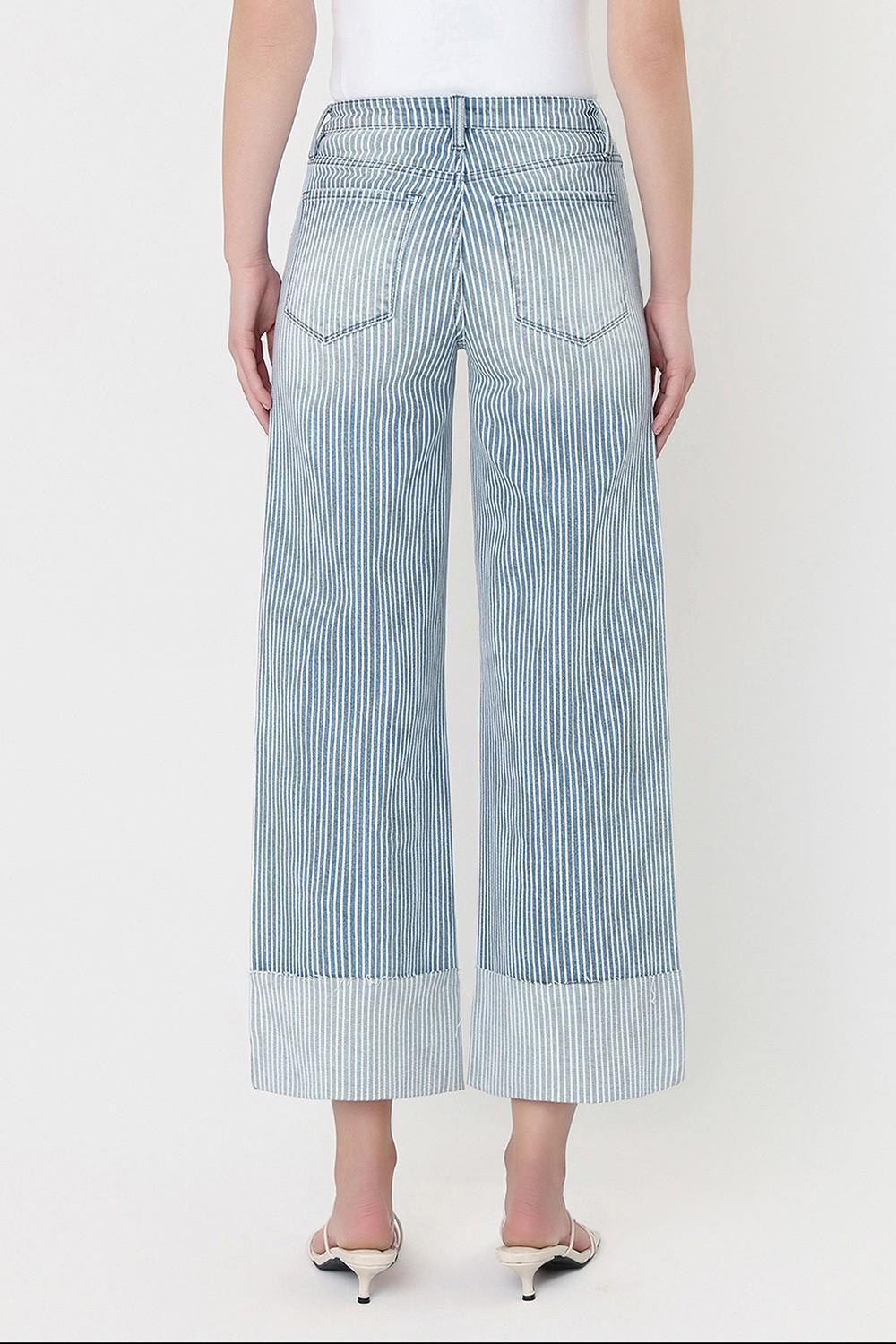High Rise Cuffed Striped Crop Wide Jeans