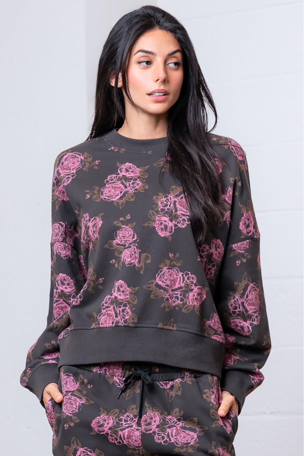Crew Neck Flower Printed Sweatshirt