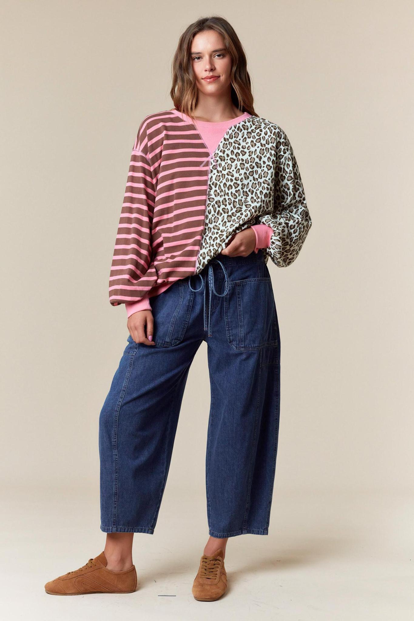 Half&half Color Block Stripe & Leopard Sweatshirt