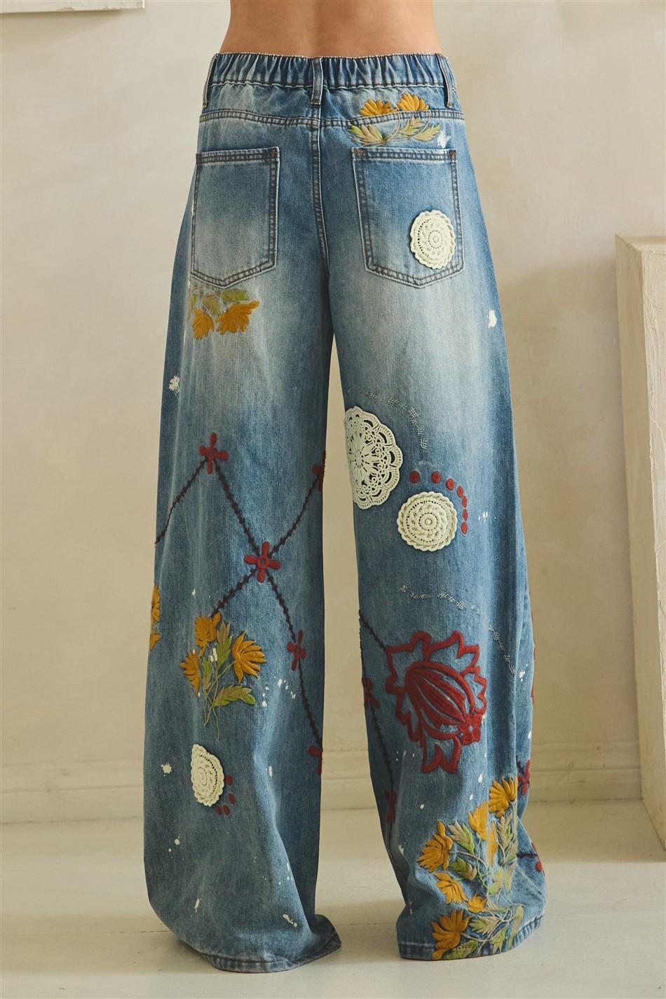Washed Embroidery Wide Leg Denim Pants