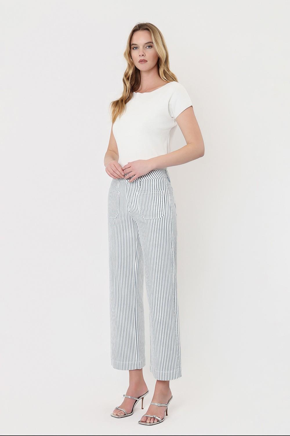 High Rise Patch Pocket Crop Striped Wide Leg Jeans