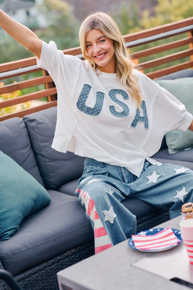 Ivory USA Letter Patchwork Terry Top