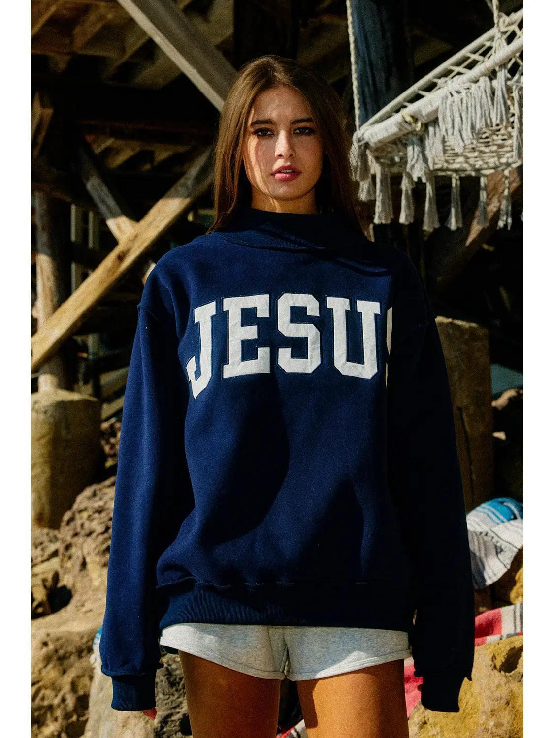'Jesus' Navy Embroidered Mock Neck Sweatshirt