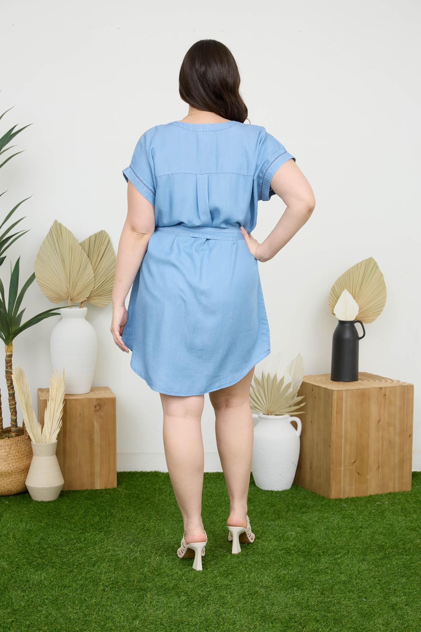 Plus Ladder Trim Belted Mini Shirt Dress
