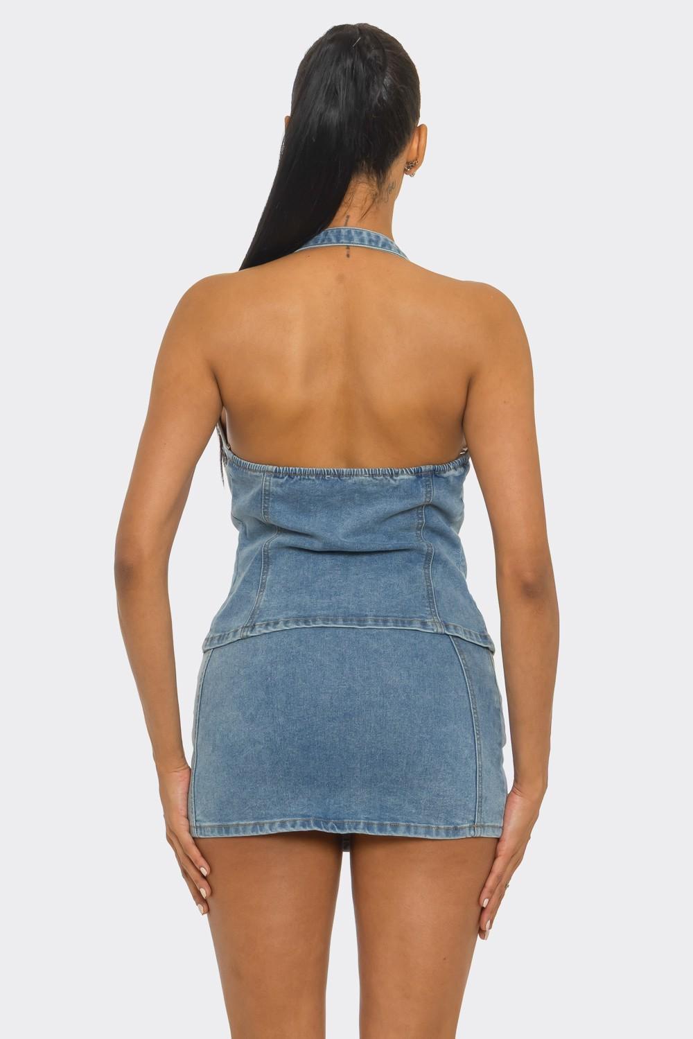 Halter Neck Front Tie Top And Mini Skirt Set