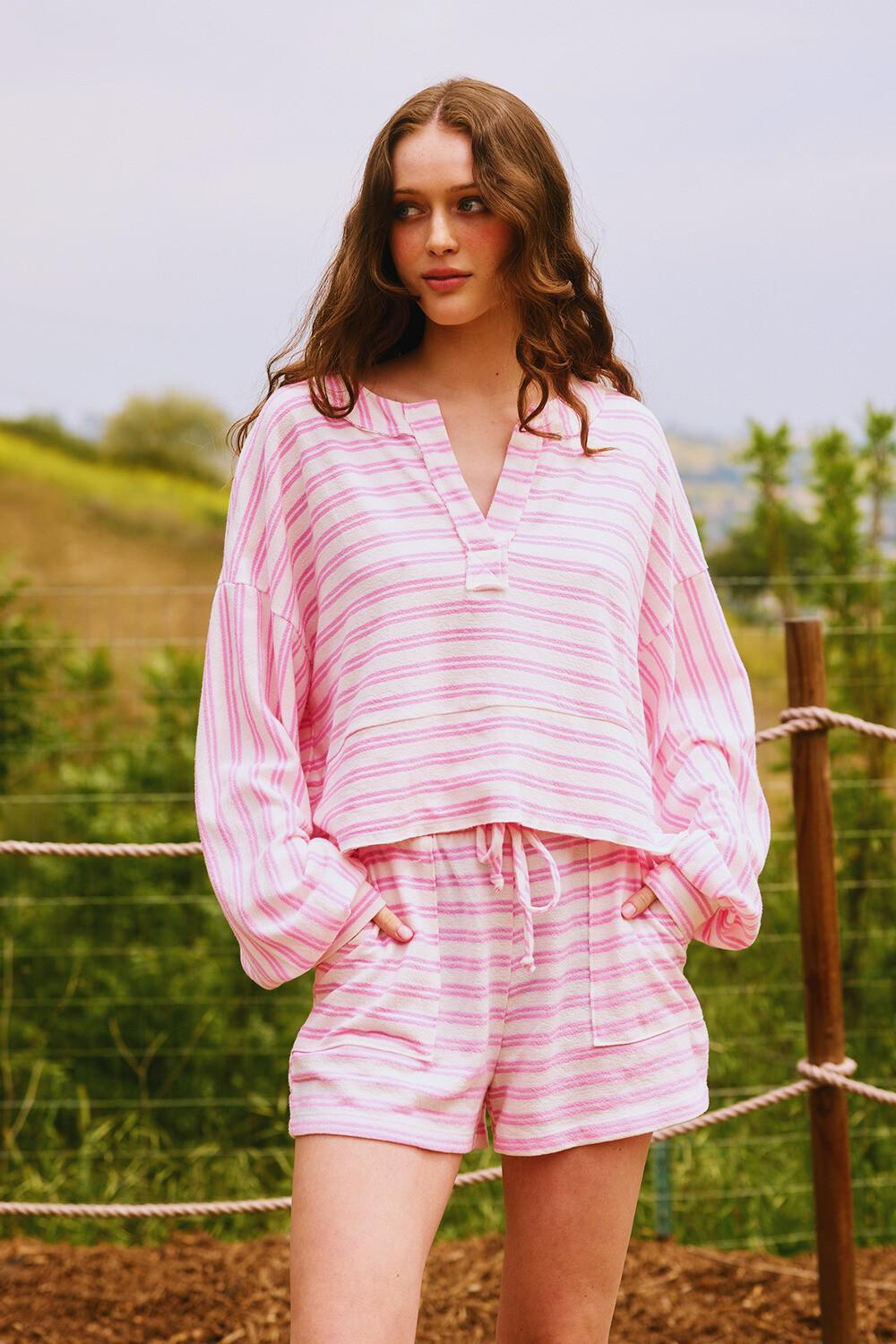 Pink Lantern Sleeve Striped Terry Top