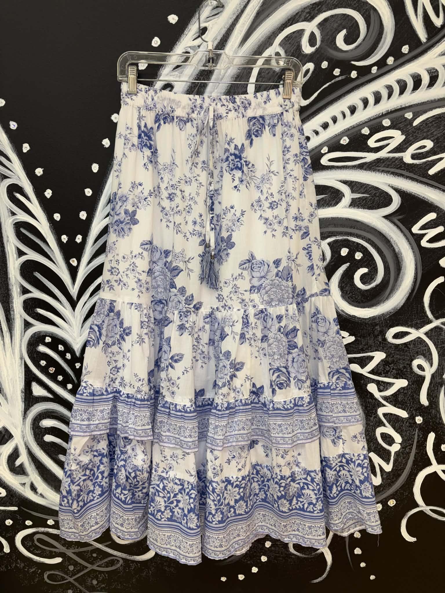 White & Blue Floral Tiered Maxi Skirt