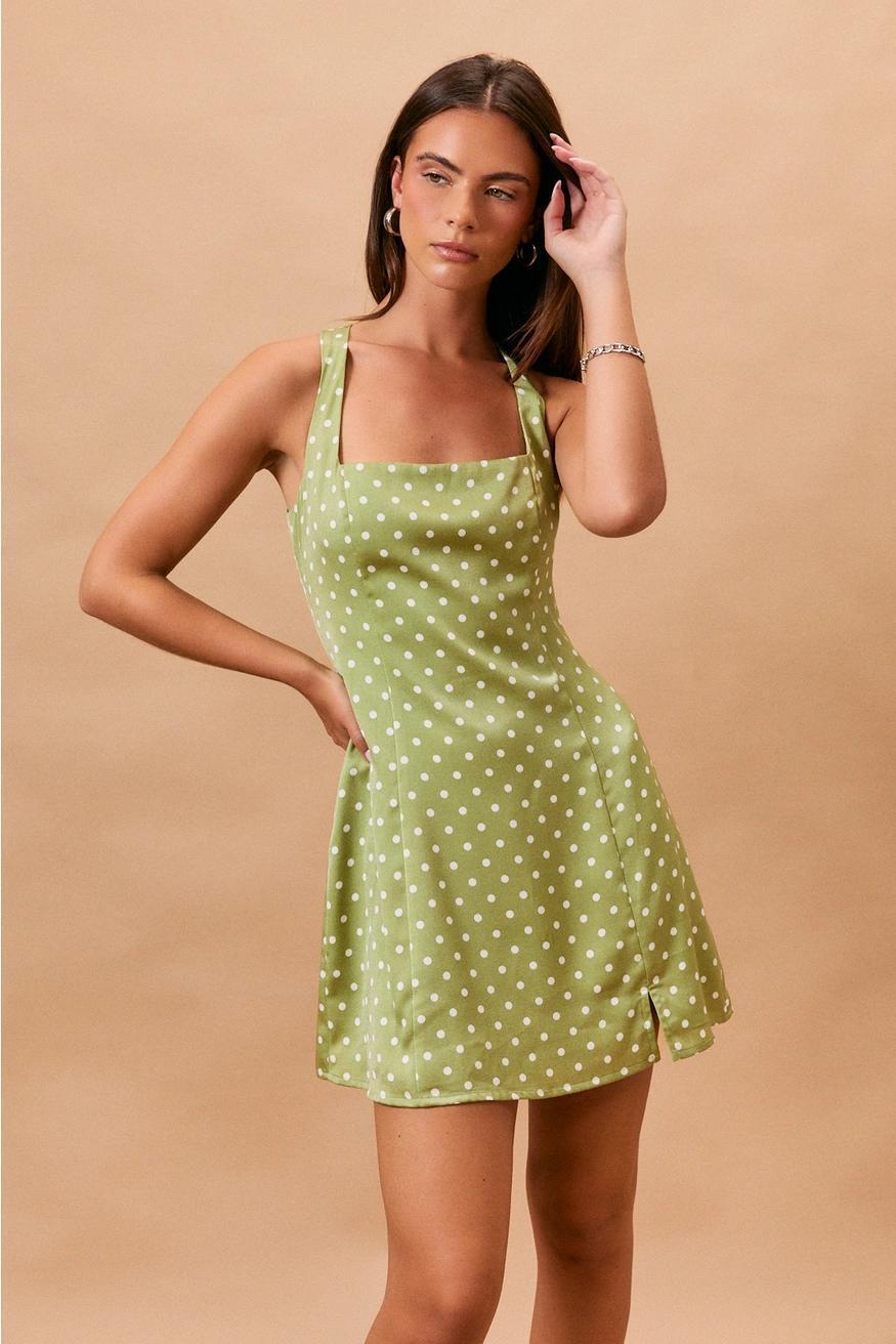 Green Polka Dot Square Neck Mini Dress