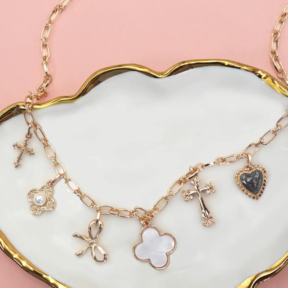 Charm Necklace-Clover Bow Cross Heart Flower