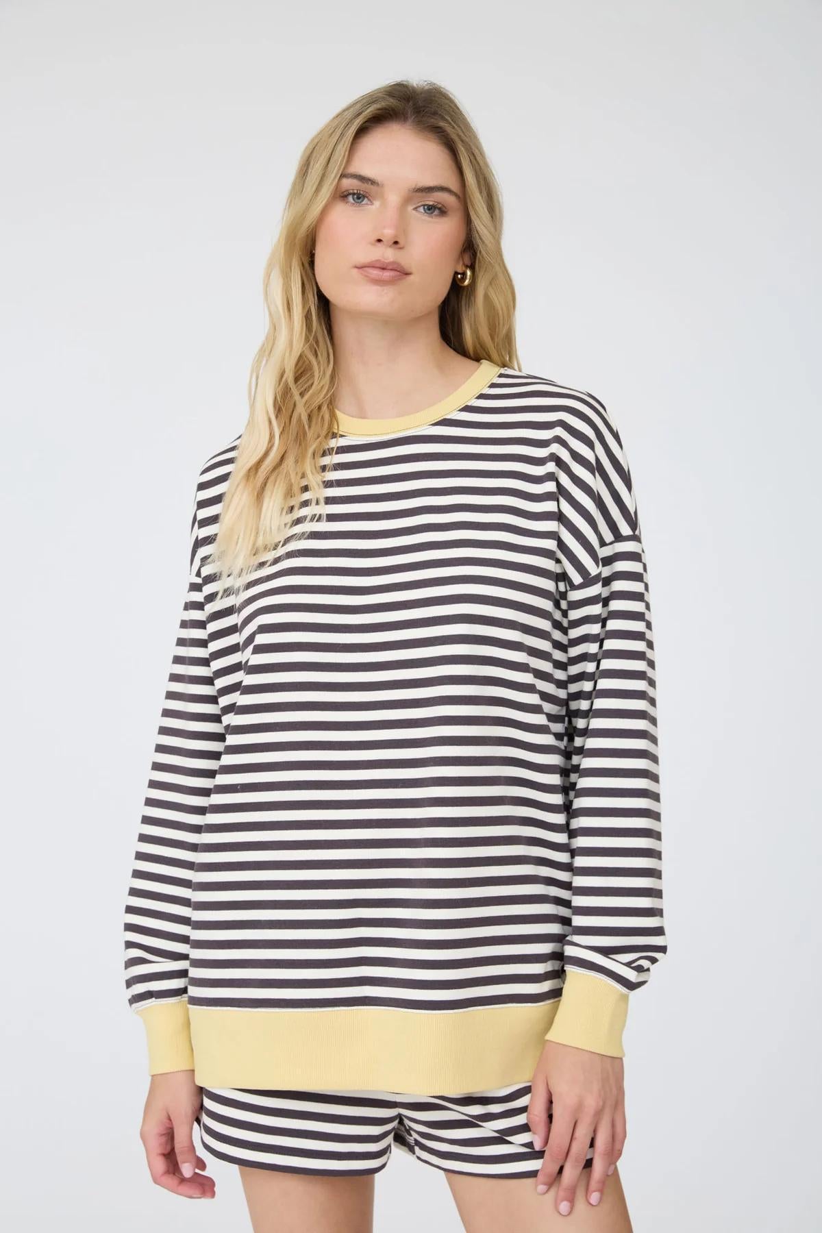 CHARCOAL BUTTER STRIPED BOXY LONG SLEEVE CONTRAST KNIT TOP