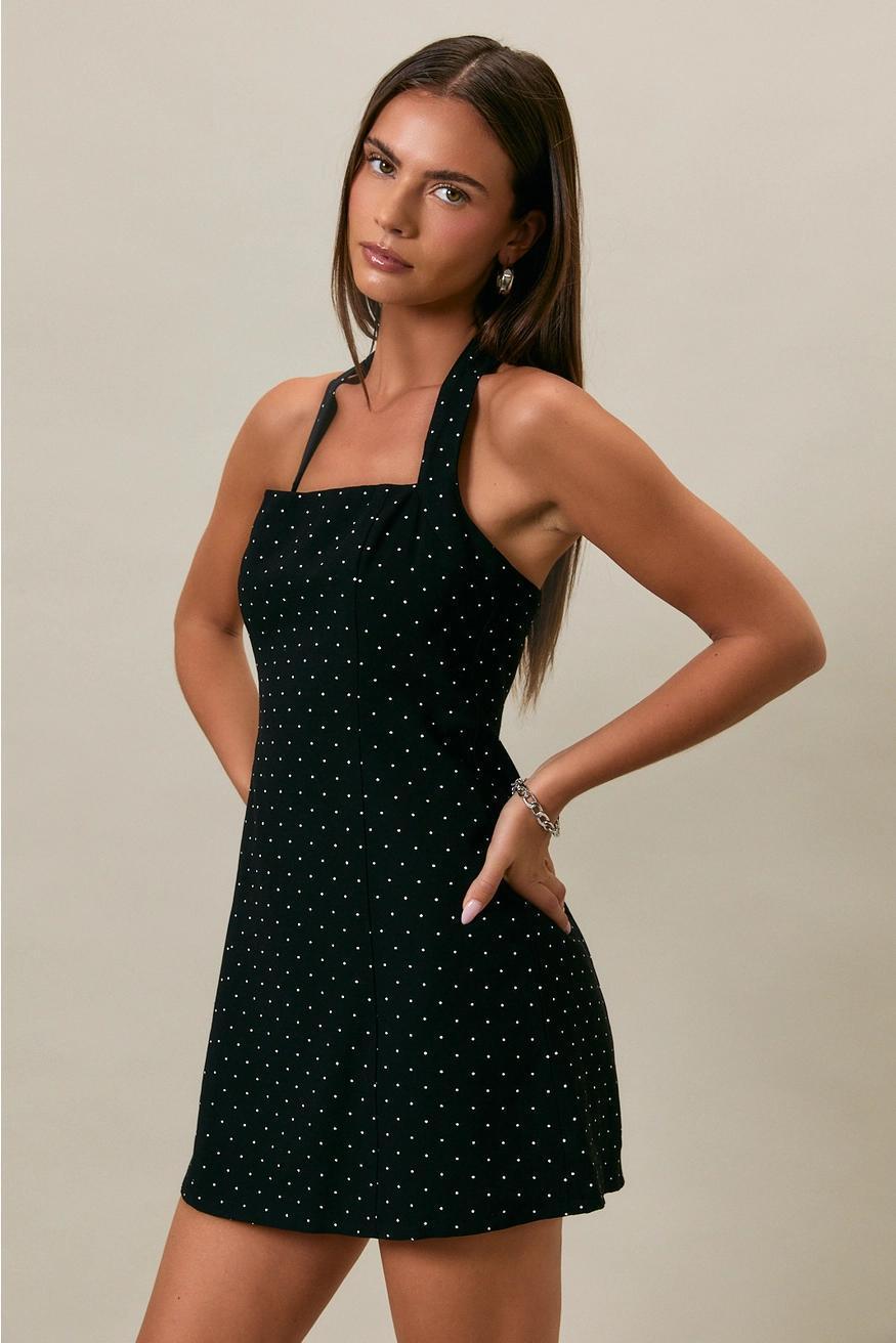 Black Halter Neck Polka Dot Mini Dress