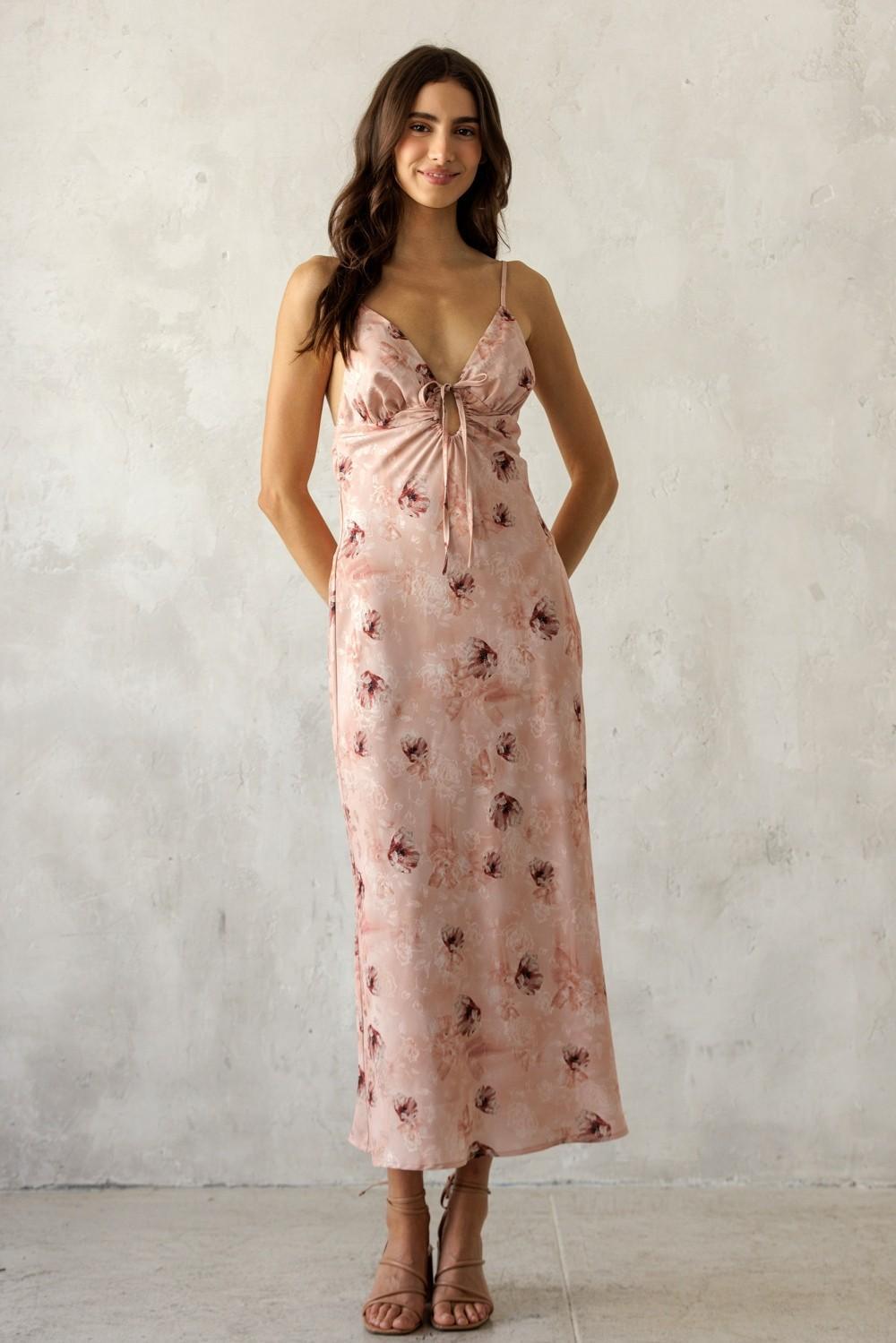 Rose Mauve Satin Floral Tie Front Midi Dress