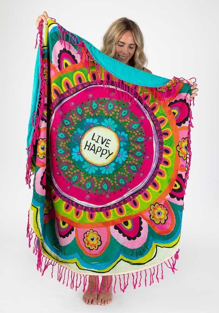 Round Beach Towel Blanket Live Happy