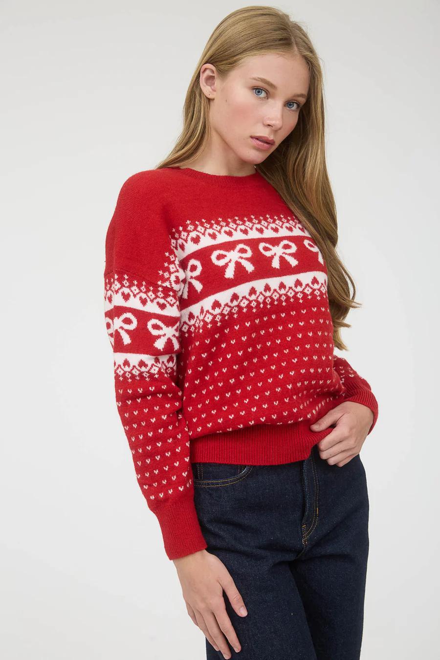 Bow & Heart Red Jacquard Knit Sweater