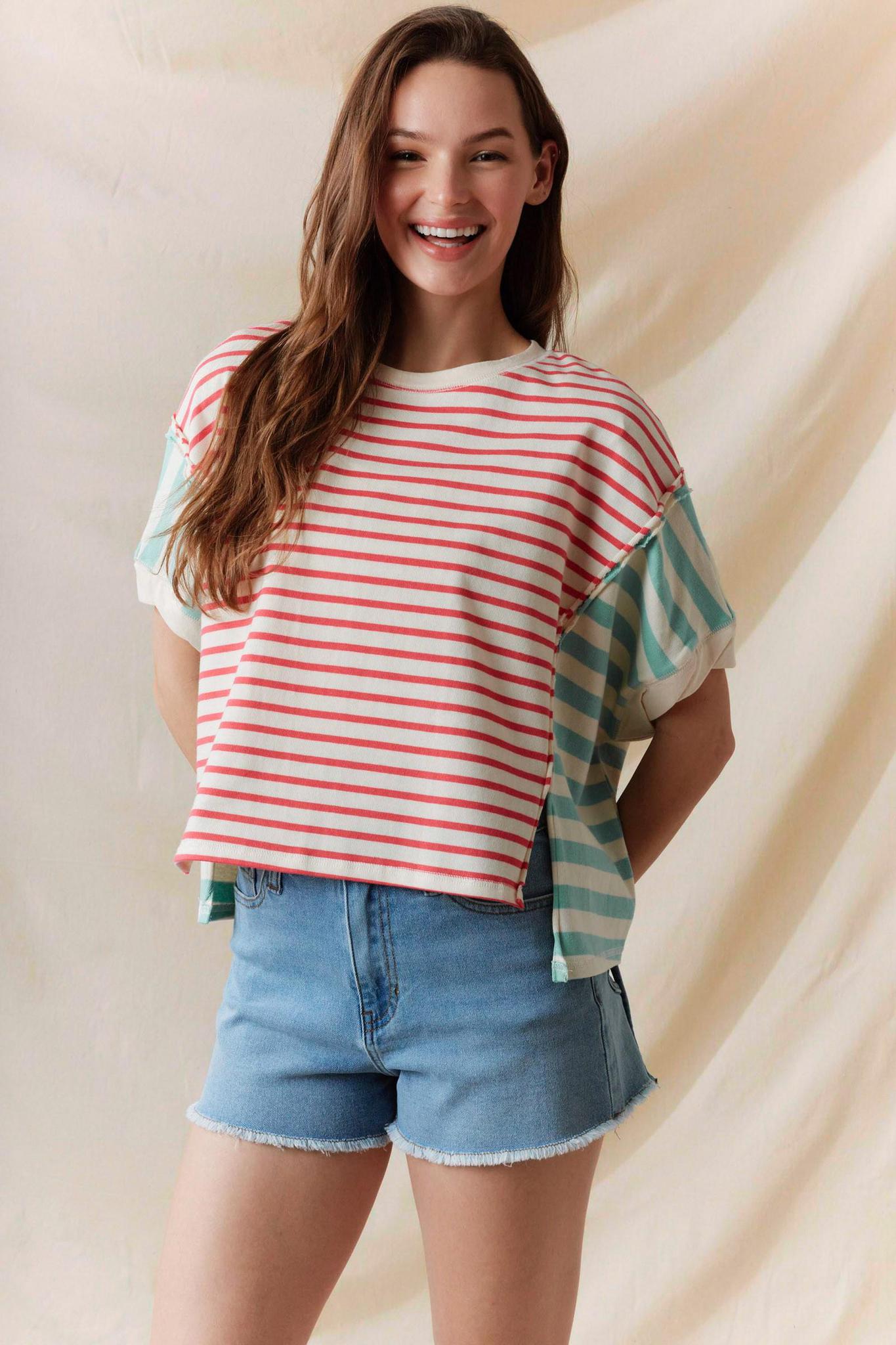 Coral/Mint Stripe Color Block Tee