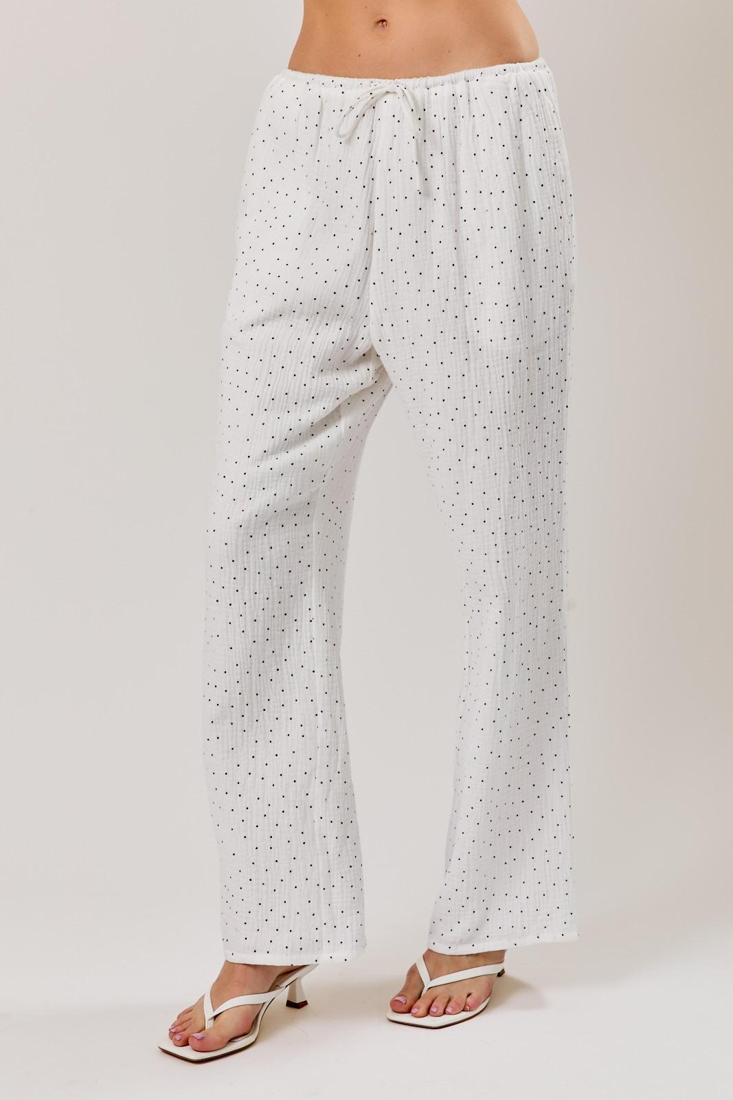 Draw String Waist Eyelet Pants - Polka Dot