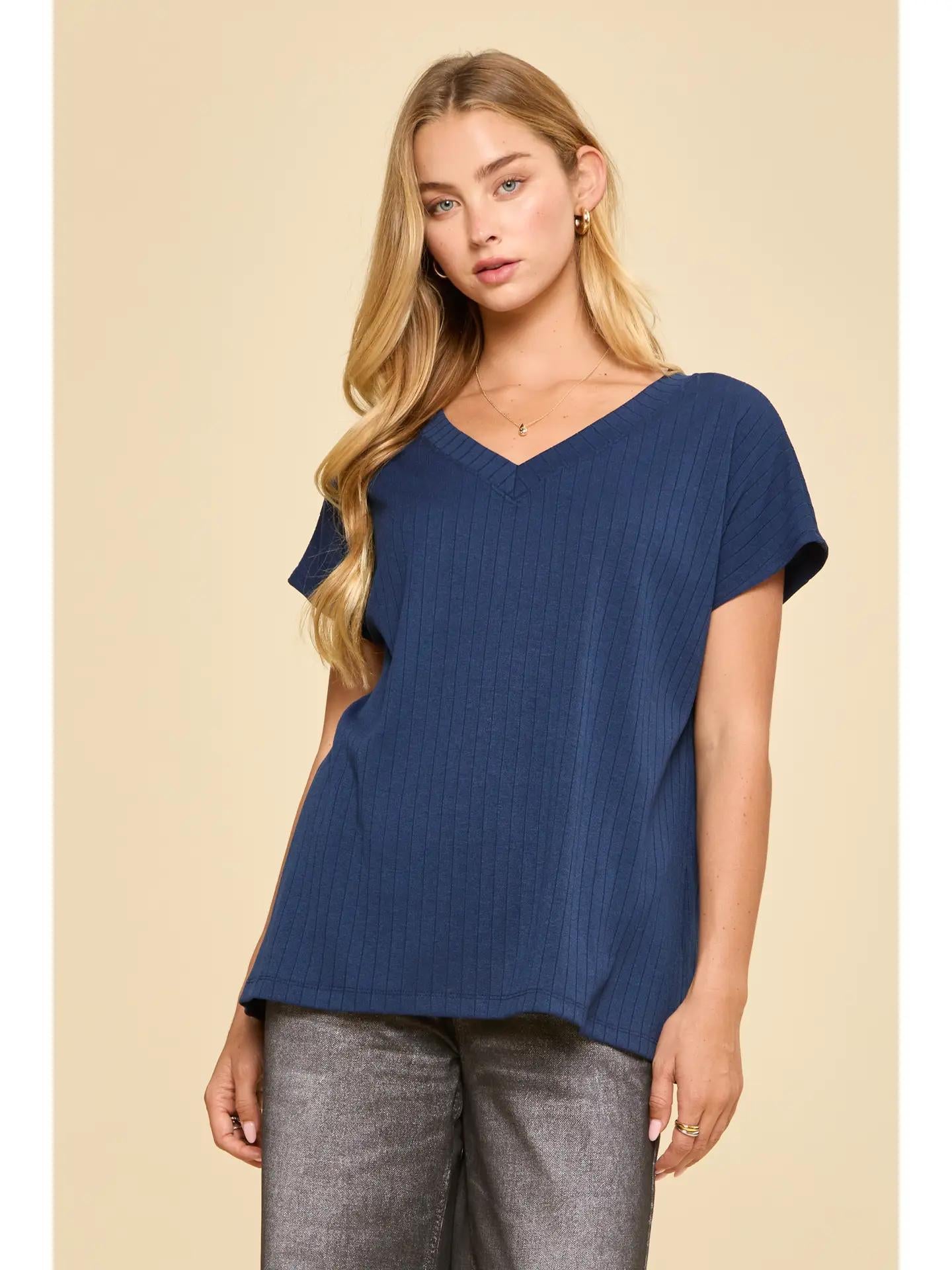 Navy Thick Ribbed Knit Top