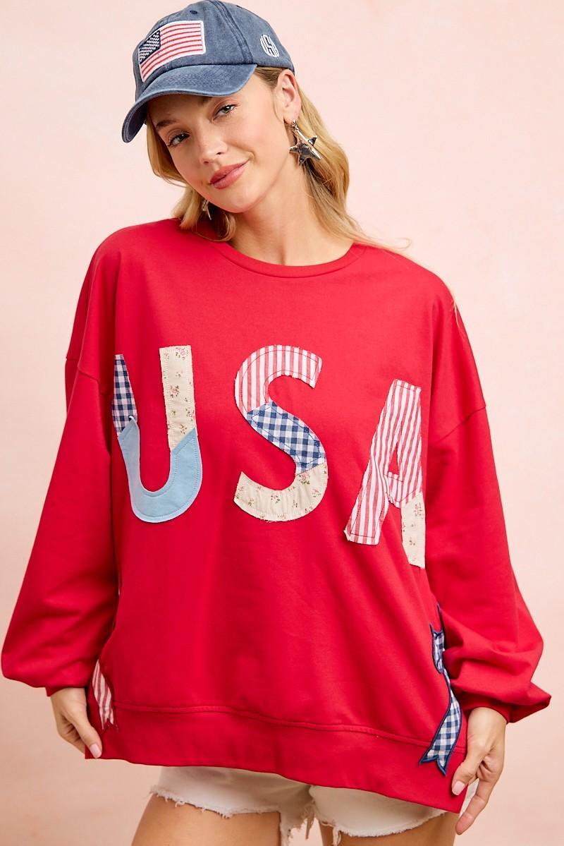 Red 4th of July Pattern Patch Bow Sides Sweatshirt