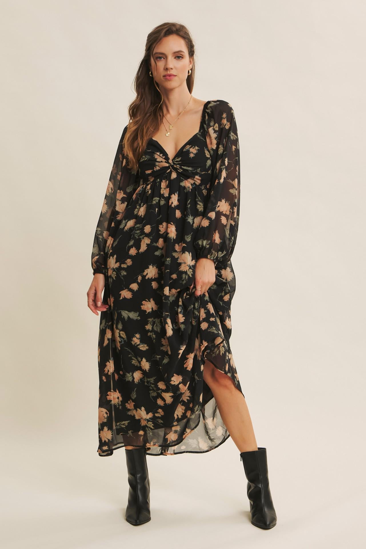 Crepe Chiffon Midi Dress With Knotted Bust