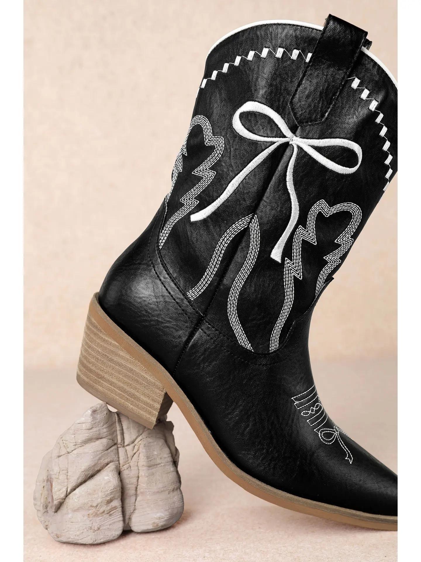Zeta Bow-Embroidered Western Boot - Black