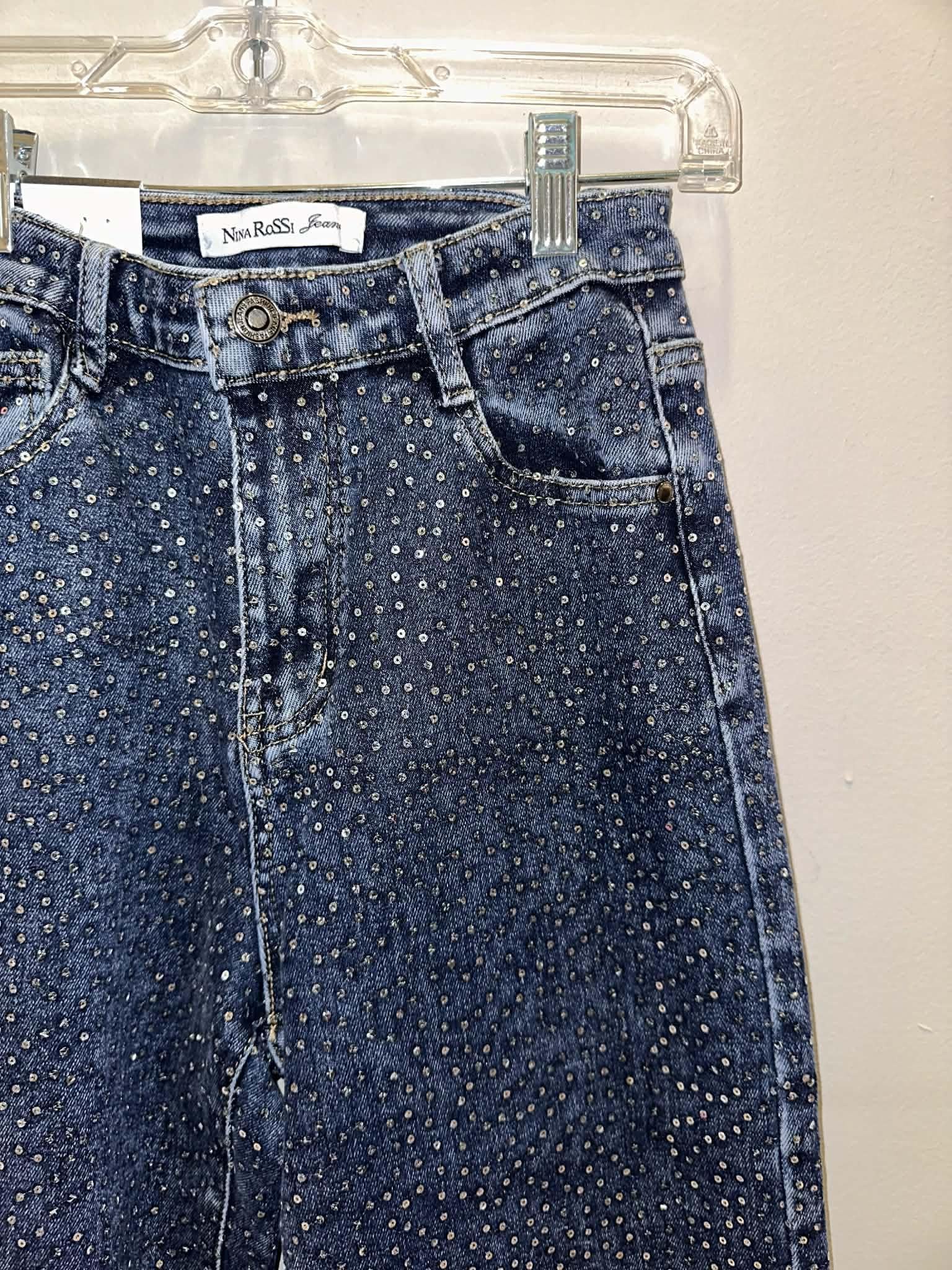 Nina Rossi Sequin Embellished Denim Wide Leg Jeans