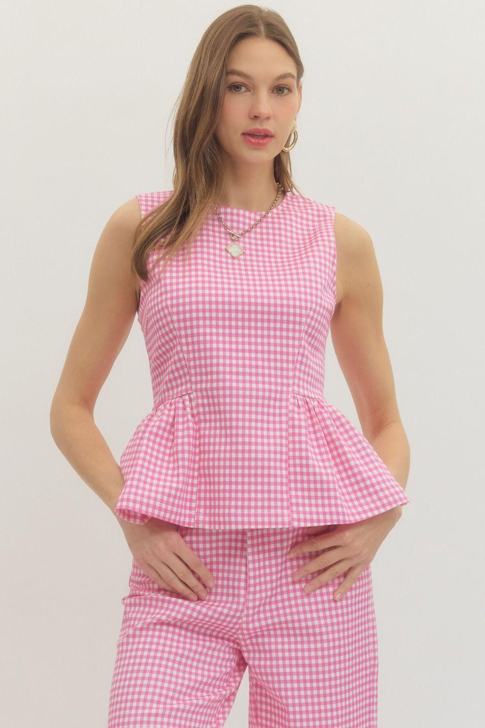 Pink Gingham Peplum Sleeveless Top