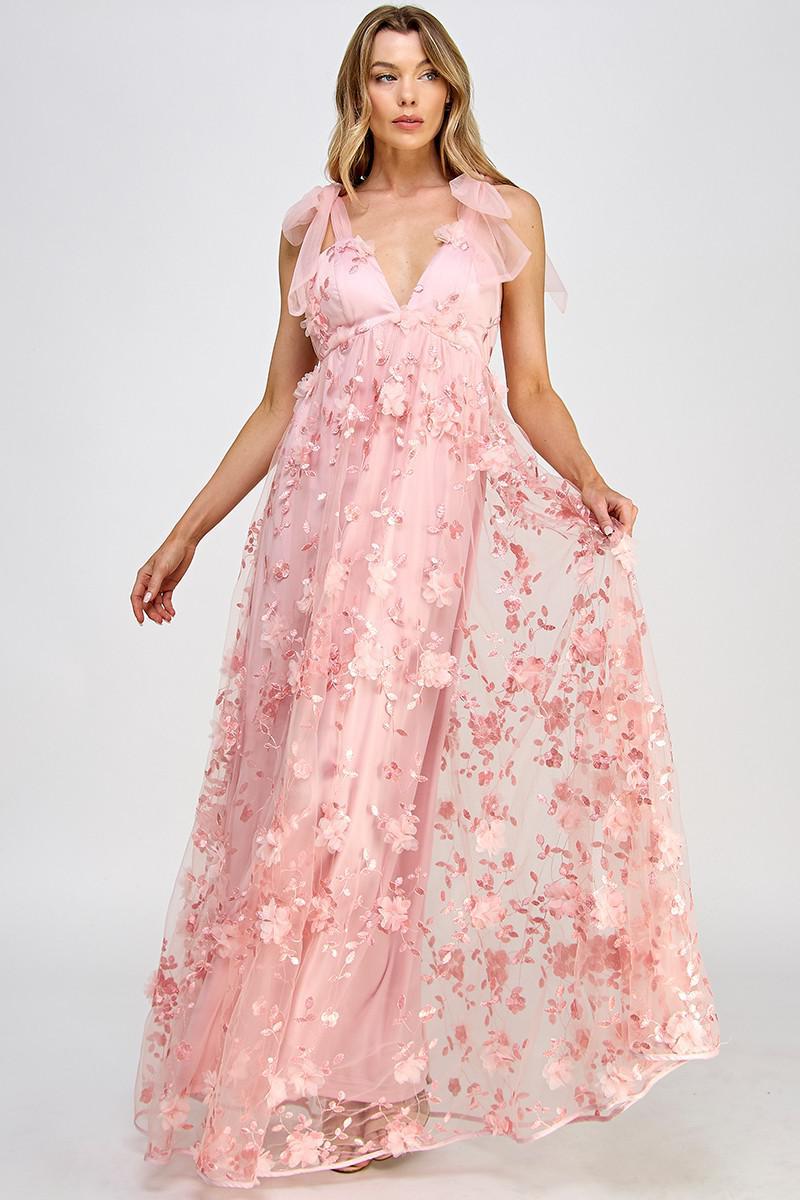 Pink Floral Rosette Maxi Dress