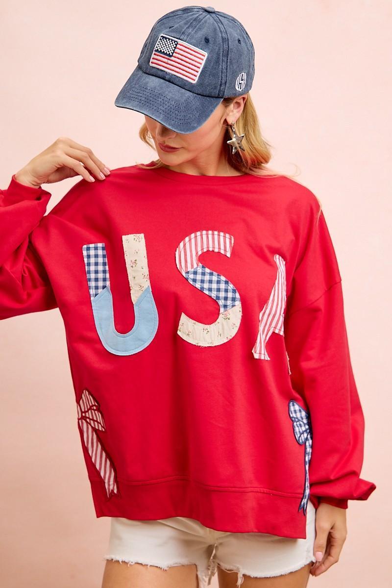 Red 4th of July Pattern Patch Bow Sides Sweatshirt