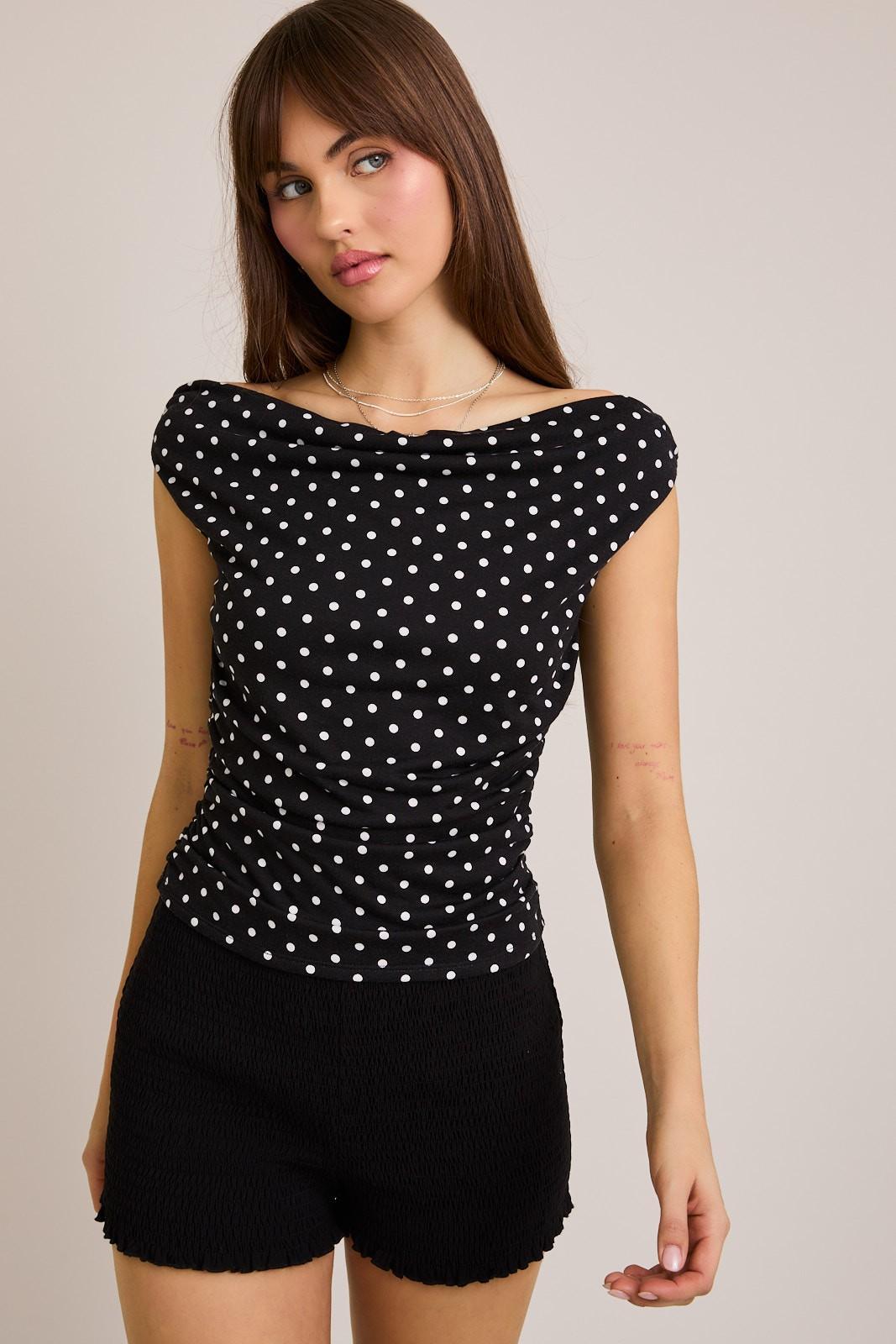 Polka Dot Off Shoulder Top - Black with White Dots