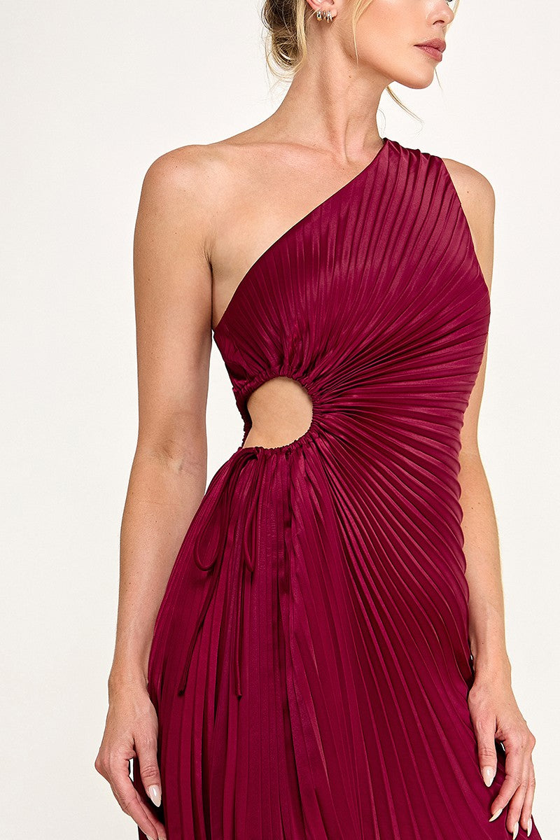 Wine Satin Asymmetrical One-shouler Pleated Mini Dress
