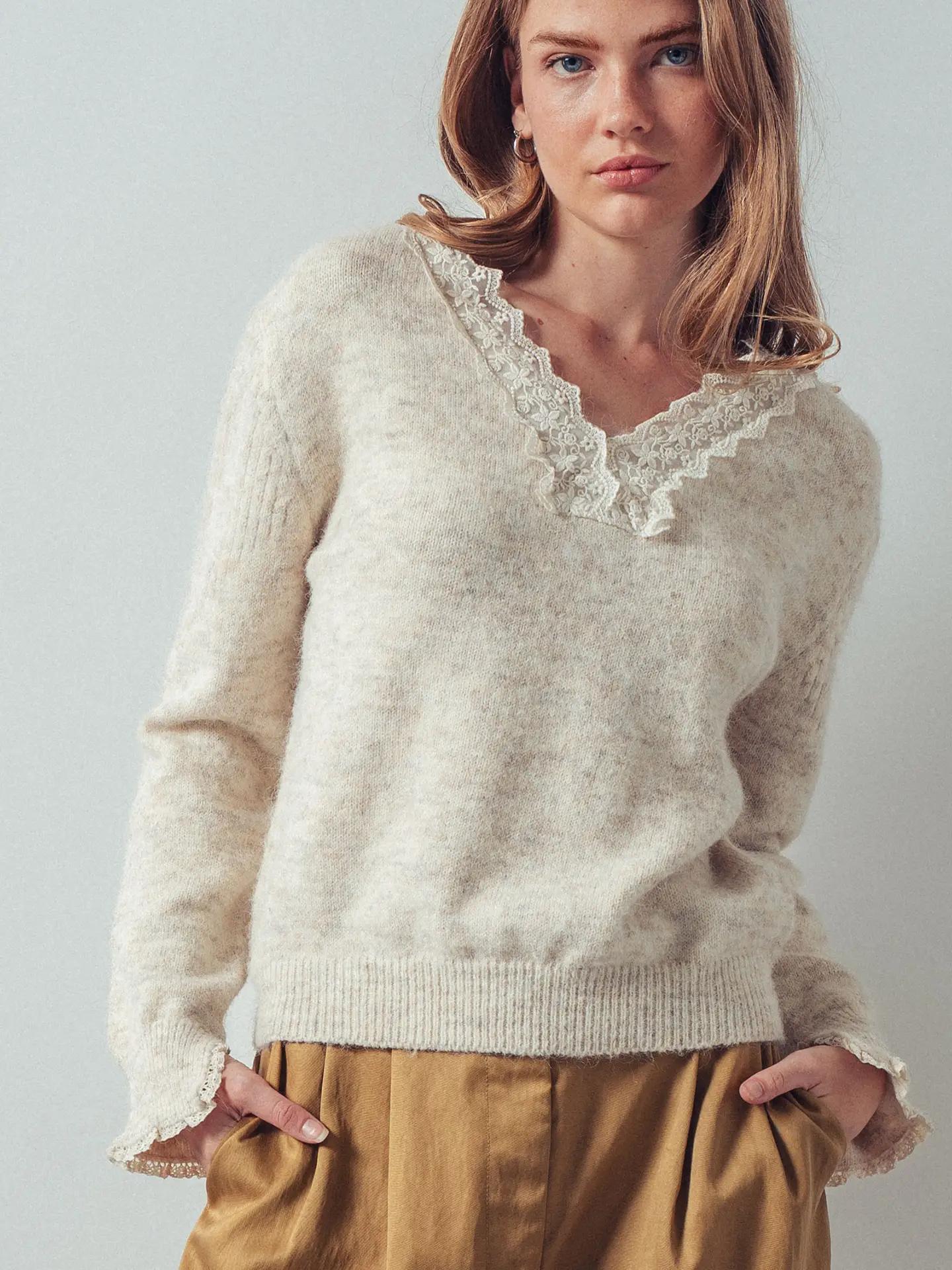 Lace Trim V-Neck Heathered Knit Sweater