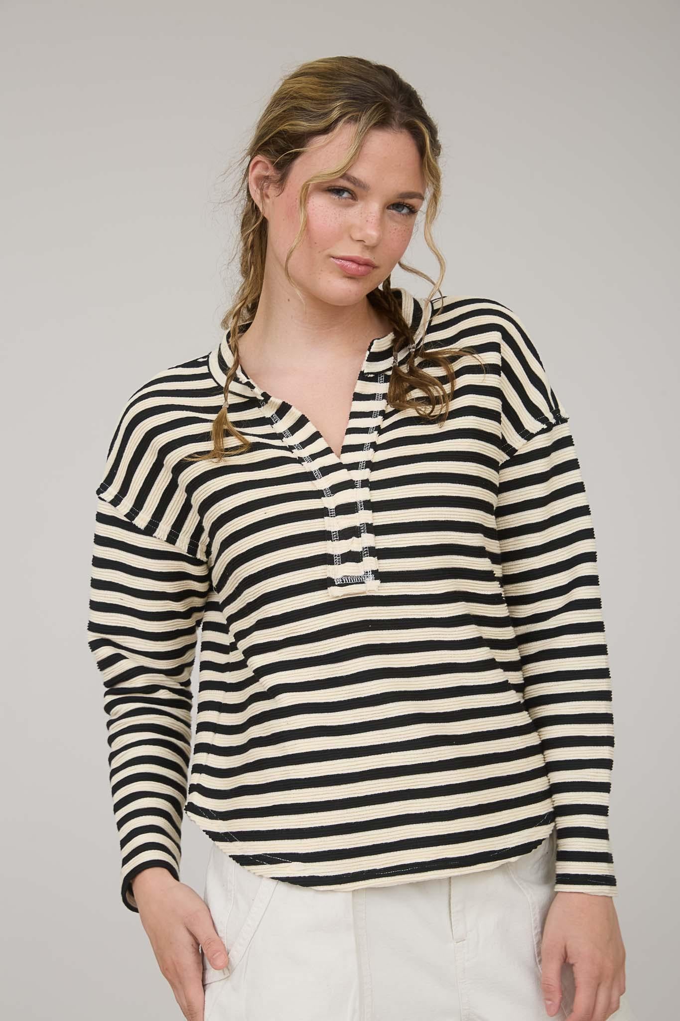 Textured Stripe Split Neck Knit LS Top