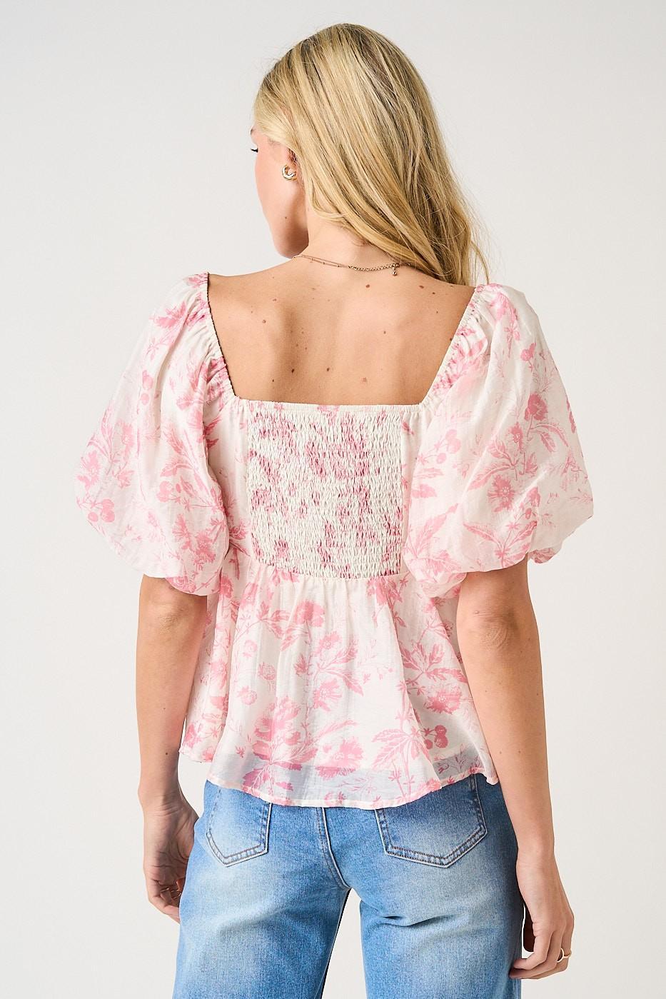 Pink Floral Print Pleat Detail Puff Sleeve Babydoll Top