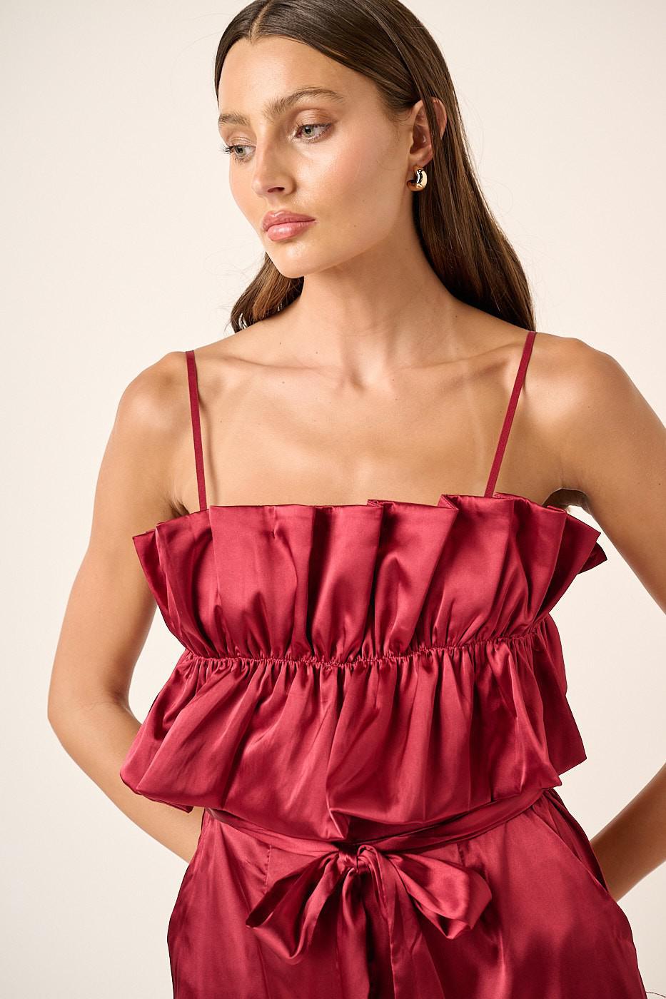 Wine Satin Ruffle Bust Wide Leg Jumpsuit