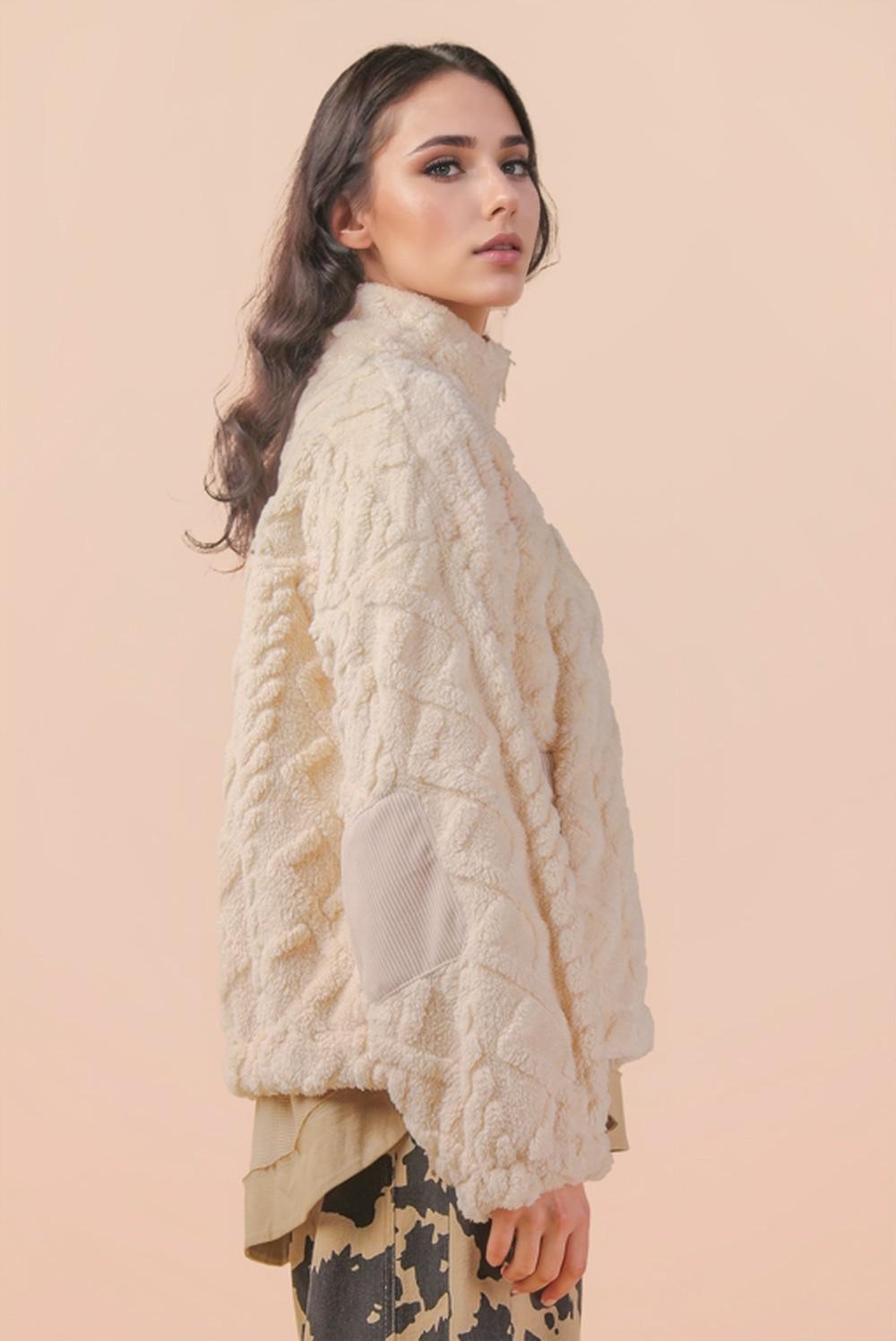 Ecru Fuzzy Fleece Cable Knit Pattern Jacket